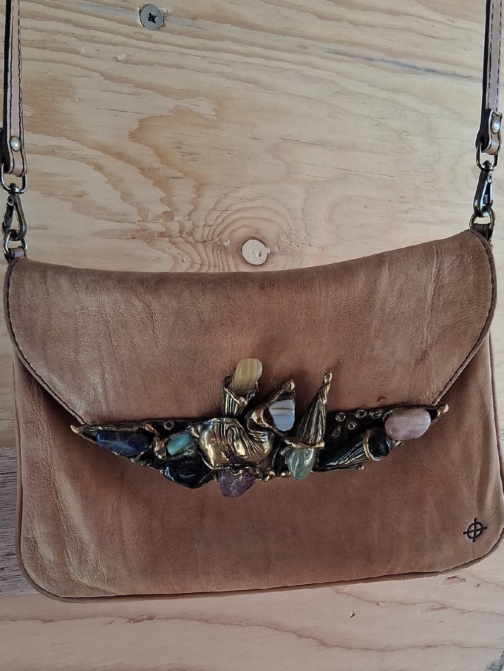 Tan Leather Crossbody Bag with Decorative Multi-Stone Accent